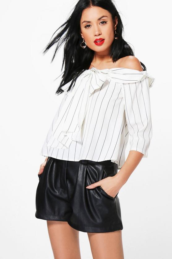 Bernie Pinstripe Bow Detail Bardot Top